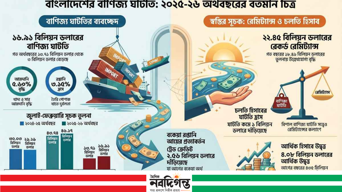 বাণিজ্য ঘাটতি বেড়ে ১৬.৯১ বিলিয়ন ডলার