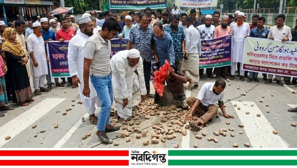 ৭ টাকায় আলু বিক্রি, ৮ টাকা পরিবহন ভাড়া: লোকসানে সড়কে আলু ঢেলে কৃষকদের বিক্ষোভ