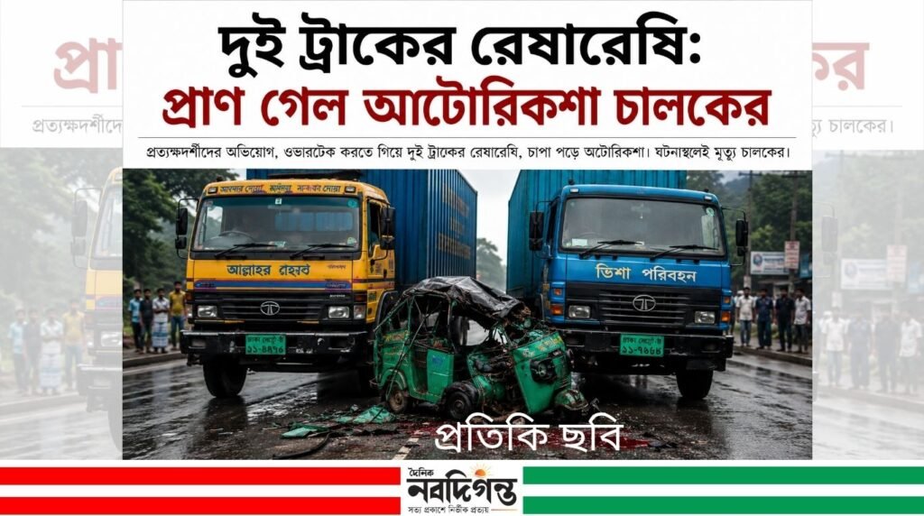 সিংড়ায় দুই ট্রাকের রেষারেষি: প্রাণ গেল অটোভ্যান চালকের
