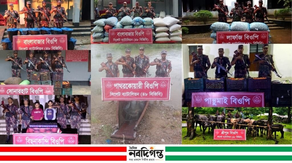 সিলেট সীমান্তে বিজিবির বিশেষ অভিযান: ৬৪ লাখ টাকার চোরাই পণ্য ও ফেনসিডিল উদ্ধার, আটক ২